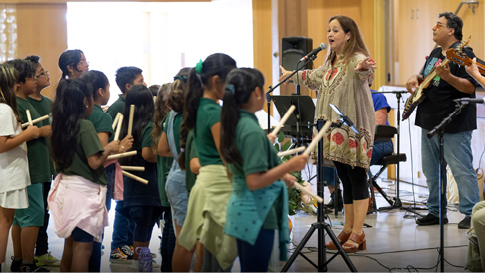 Singer Perla Batalla leads purcussion workshop at Franklin Elementary